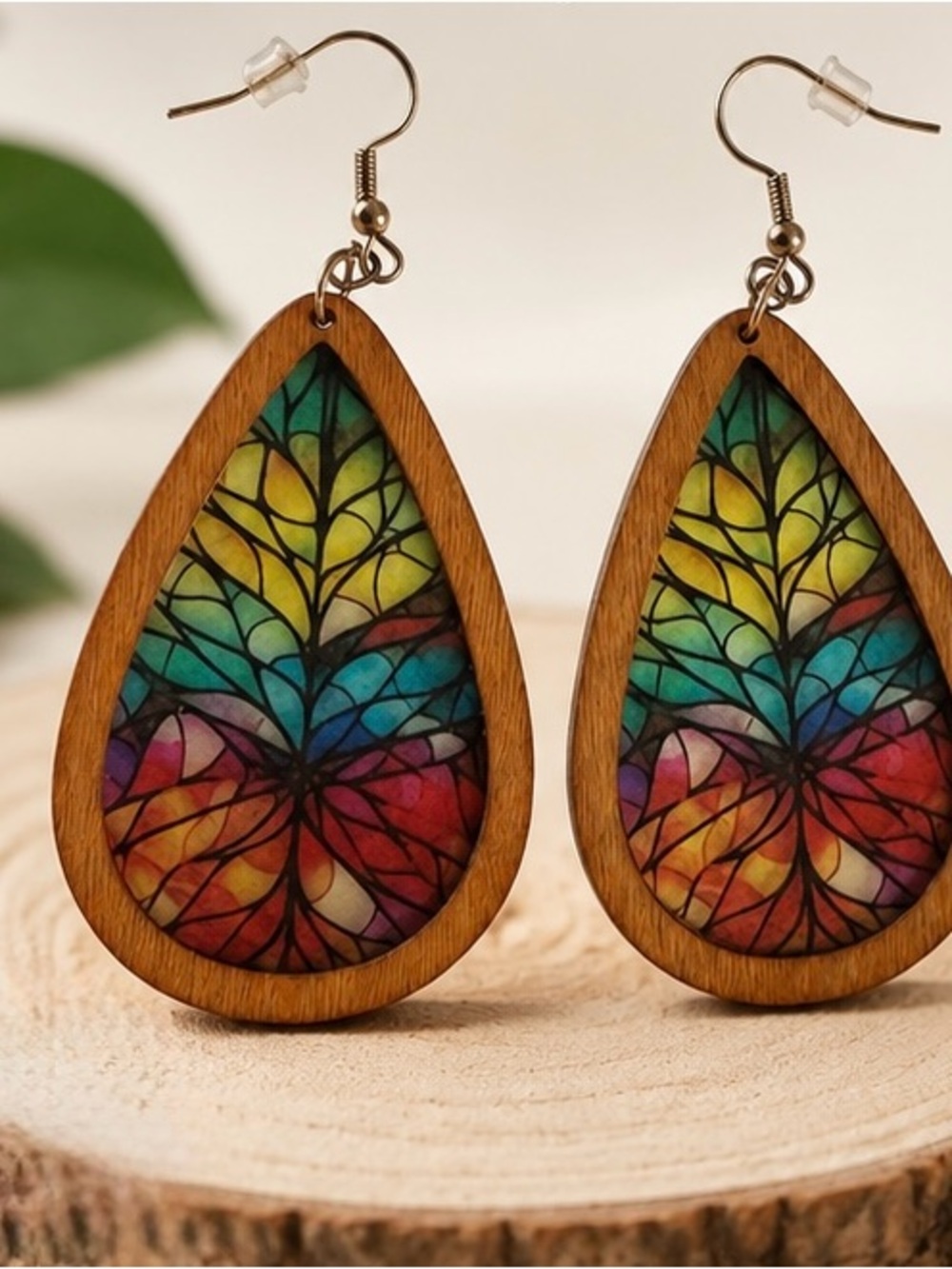 Multicolor Stained-Glass Teardrop Wooden Earrings